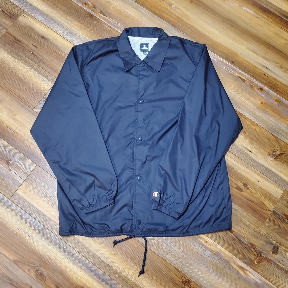 NWOT Champion Mens Coaches Jacket Navy Blue Nylon Button Snap Windbreaker LARGE